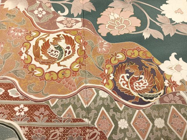 平和屋着物●豪華色留袖 駒刺繍 鳳凰吉祥更紗 金彩 正絹 逸品 AABG0409ph