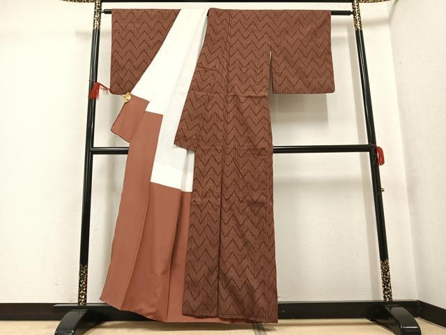 平和屋着物●上質な紬　幾何学文様　正絹　逸品　AABG0410ph