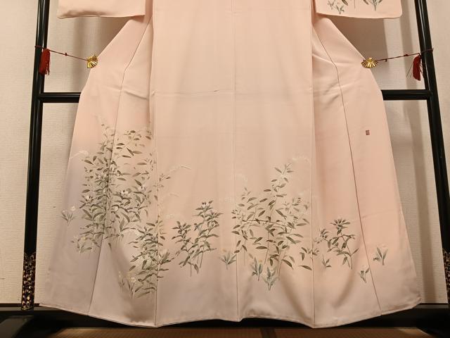 平和屋着物●訪問着　友禅　作家物　草花文　暈し染め　浜ちりめん　反端付き　正絹　逸品　AABG0414ph