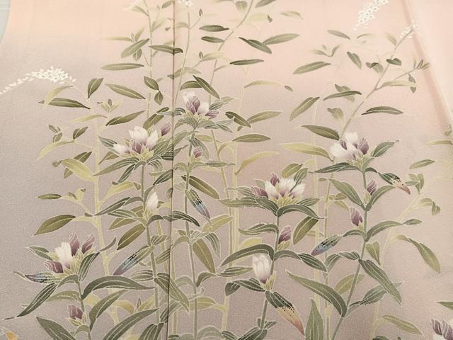 平和屋着物●訪問着　友禅　作家物　草花文　暈し染め　浜ちりめん　反端付き　正絹　逸品　AABG0414ph