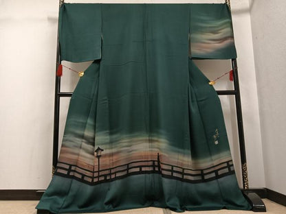 平和屋着物●訪問着 作家物 斎藤幹八 手描き 風景文 暈し染め さが美扱い ロング丈 正絹 逸品 AABG0416ph