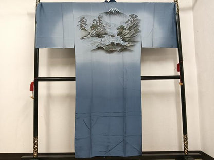 平和屋着物●男性 長襦袢 袷 人物樹林文 富士山 正絹 逸品 未使用 AABG0417ph