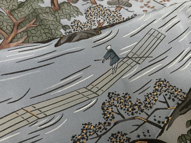 平和屋着物●男性 長襦袢 袷 人物樹林文 富士山 正絹 逸品 未使用 AABG0417ph