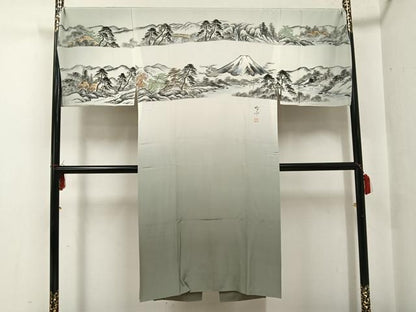 平和屋着物●男性 長襦袢 袷 渡り橋樹林文 富士山 正絹 逸品 AABG0418ph