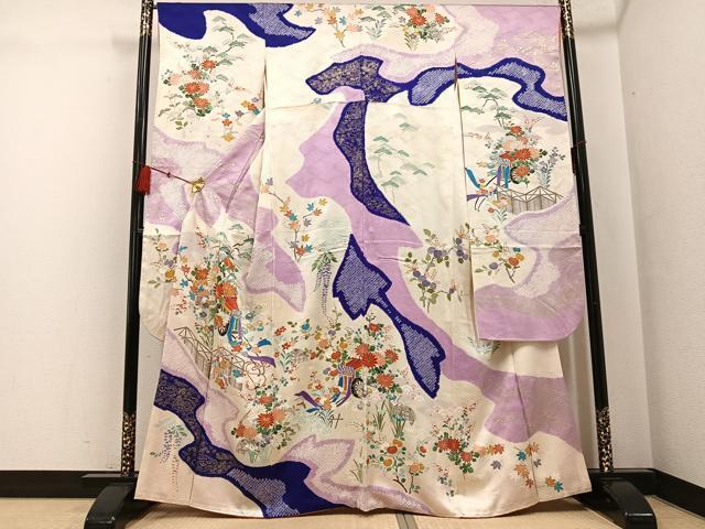 平和屋着物●創業460年・千總　振袖　駒刺繍　絞り　御所車草花文　金彩　高島屋扱い　正絹　逸品　AABG0425ph