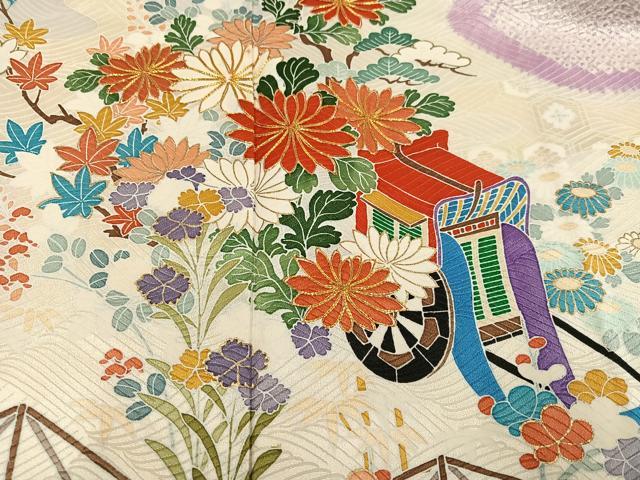 平和屋着物●創業460年・千總　振袖　駒刺繍　絞り　御所車草花文　金彩　高島屋扱い　正絹　逸品　AABG0425ph
