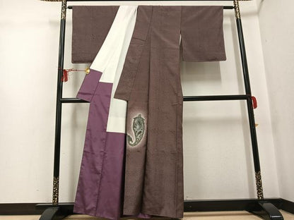 平和屋着物●訪問着 紬地 手描き 木版染 ペイズリー柄 暈し染め 正絹 逸品 AABG0431ph