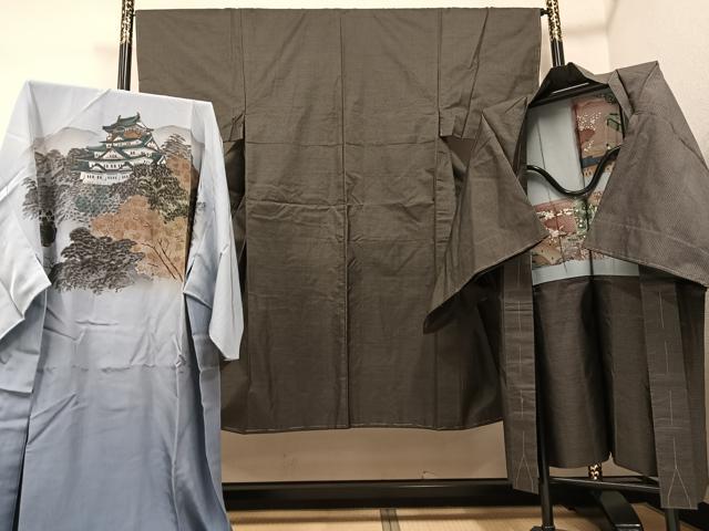 平和屋着物●男性　本場大島紬　アンサンブル　長襦袢(袷)セット　130亀甲　総詰め　正絹　逸品　AABG0437ph