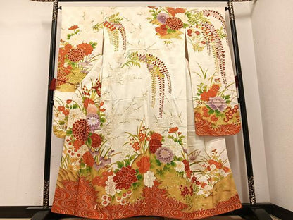平和屋着物●豪華振袖 駒刺繍 草花文 暈し染め 金彩 正絹 逸品 AABG0445ph