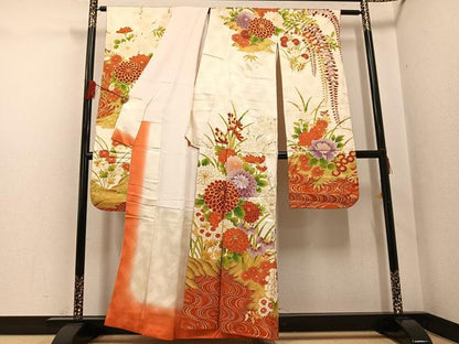 平和屋着物●豪華振袖 駒刺繍 草花文 暈し染め 金彩 正絹 逸品 AABG0445ph