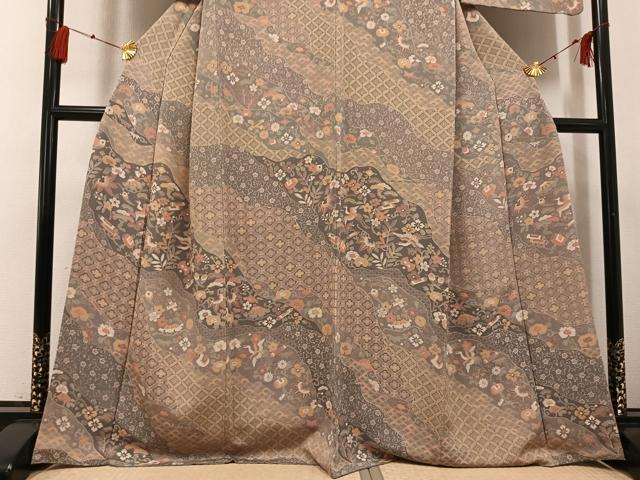 平和屋着物●訪問着　群れ鶴吉祥花宝尽くし　鬼しぼ縮緬　正絹　逸品　AABG0452ph