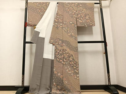 平和屋着物●訪問着　群れ鶴吉祥花宝尽くし　鬼しぼ縮緬　正絹　逸品　AABG0452ph
