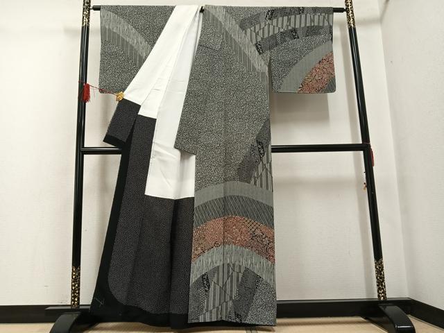 平和屋着物●伝統工芸士 染谷梅治 彫刻師 太田茂夫 訪問着 更紗文 黒地 正絹 逸品 AABG0464ph