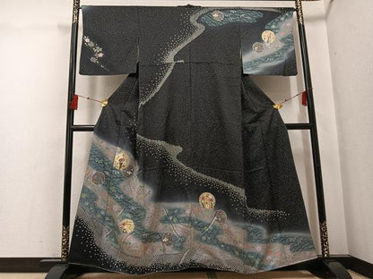 平和屋着物●訪問着 雪輪草花文 暈し染め 黒地 金彩 正絹 逸品 AABG0468ph