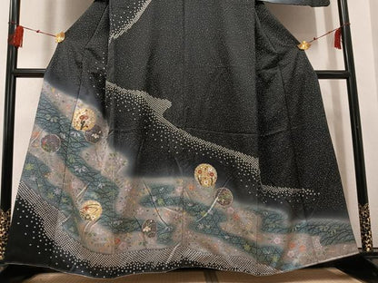 平和屋着物●訪問着 雪輪草花文 暈し染め 黒地 金彩 正絹 逸品 AABG0468ph