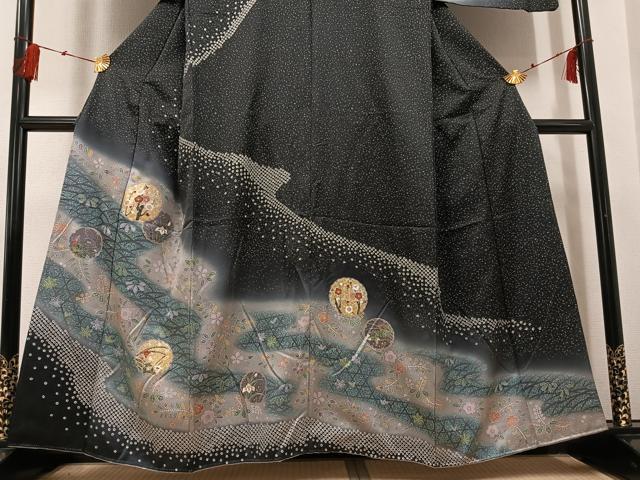 平和屋着物●訪問着 雪輪草花文 暈し染め 黒地 金彩 正絹 逸品 AABG0468ph