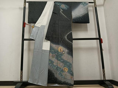 平和屋着物●訪問着 雪輪草花文 暈し染め 黒地 金彩 正絹 逸品 AABG0468ph
