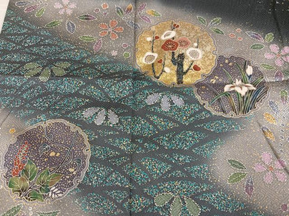 平和屋着物●訪問着 雪輪草花文 暈し染め 黒地 金彩 正絹 逸品 AABG0468ph