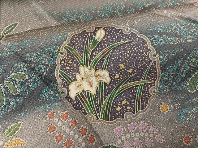 平和屋着物●訪問着 雪輪草花文 暈し染め 黒地 金彩 正絹 逸品 AABG0468ph