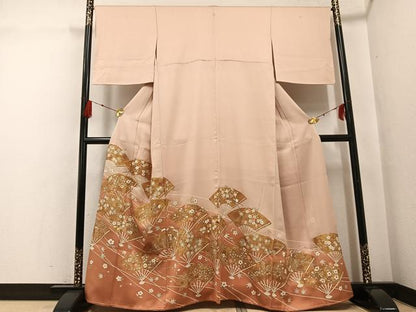 平和屋着物●京友禅作家　米沢新之助　色留袖　駒刺繍　地紙草花文　金彩　正絹　逸品　AABG0472ph