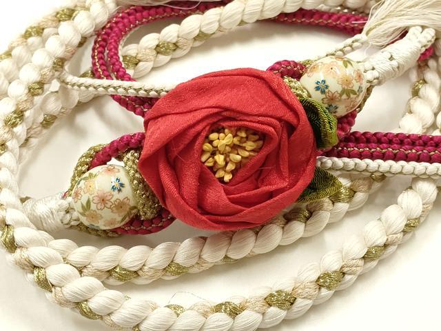 平和屋着物●和装小物　振袖用帯締め　装飾　ちりめん細工　飾り玉　金糸　金彩　逸品　AABG0639ay