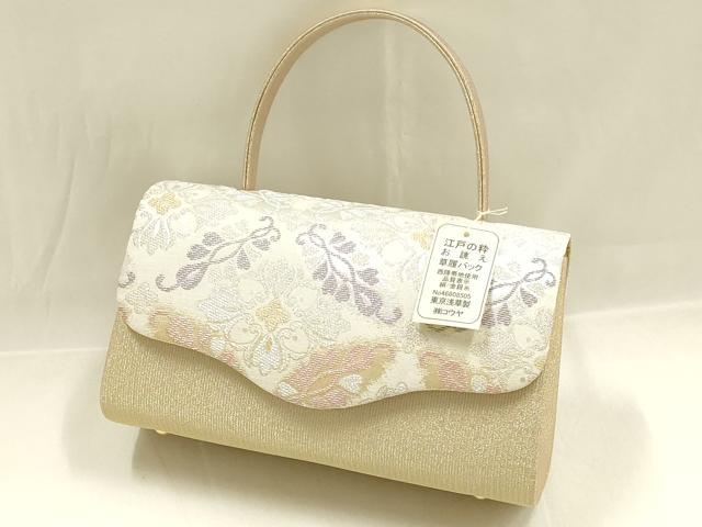 平和屋着物●和装小物　和装バッグ・草履セット　西陣　ハンドバッグ　花柄　金銀糸　マグネット式　正絹　逸品　未使用　AABG0714ay