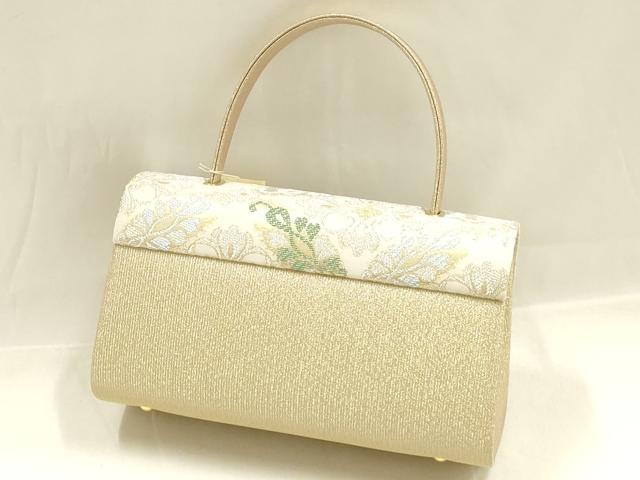 平和屋着物●和装小物　和装バッグ・草履セット　西陣　ハンドバッグ　花柄　金銀糸　マグネット式　正絹　逸品　未使用　AABG0714ay