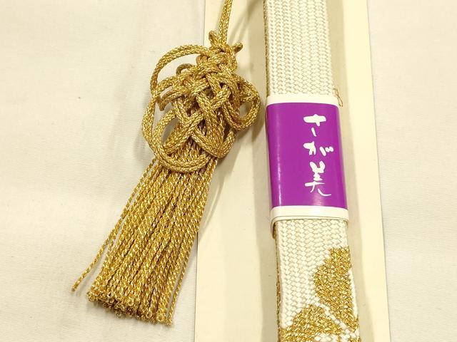 平和屋本店●和装小物　帯締め・帯揚げ・扇子セット　礼装用　手刺繍　高麗組 綾出し　花柄　金彩　亀房付き　逸品　未使用　AABG0766ay