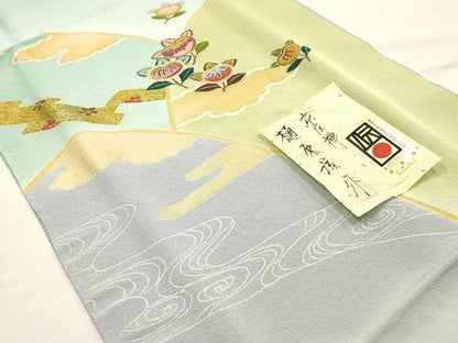 平和屋本店●和装小物　帯締め・帯揚げセット　京友禅　樋原滋　風景花文　高麗組　暈し　金糸　金彩　逸品　未使用　AABG0773ay
