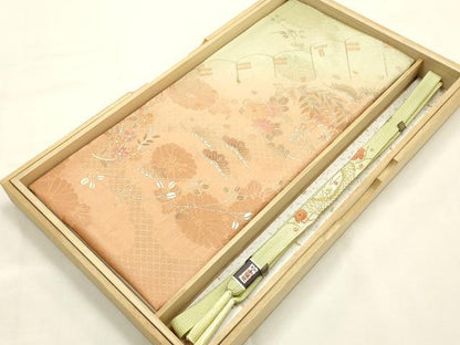 平和屋本店●和装小物　帯締め・帯揚げセット　高麗組　刺繍　草花文　金糸　金彩　逸品　未使用　AABG0776ay