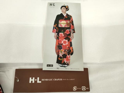 平和屋着物●H・L（アッシュエル） HENRI-LUC CHAPUIS 振袖 舞桜文 黒地 ロング丈 洗える着物 未使用 AABG0808ck