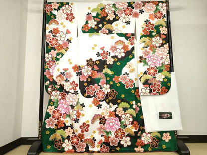 平和屋着物●H・L（アッシュエル） HENRI-LUC CHAPUIS 振袖 舞花文 松 梅 ロング丈 洗える着物 未使用 AABG0811ck