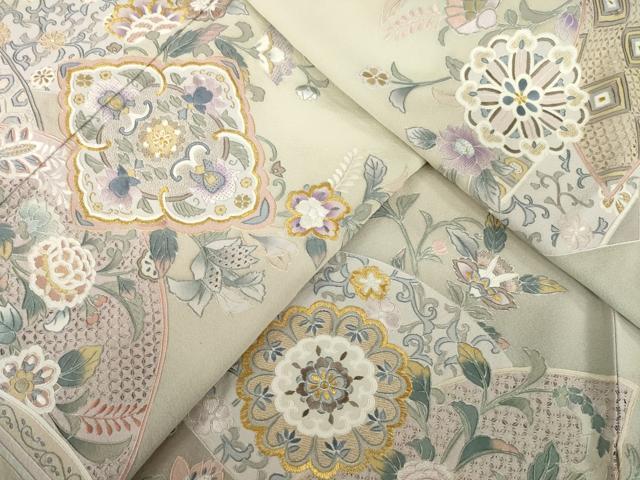 平和屋着物●訪問着　総刺繍　中国三大刺繍　相良刺繍　更紗花文　金糸　正絹　逸品　AABG0813ck