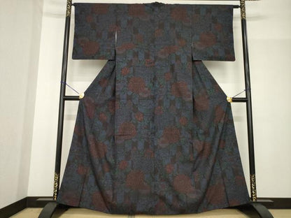 平和屋着物●本場結城紬　重要無形文化財　100亀甲　菊　正絹　逸品　AABG0816ck