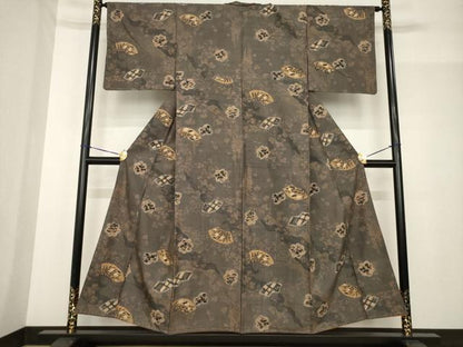平和屋着物●伝統工芸士 七代目 吉澤与市 紬 絞り 流水扇面花文 正絹 逸品 未使用 AABG0817ck