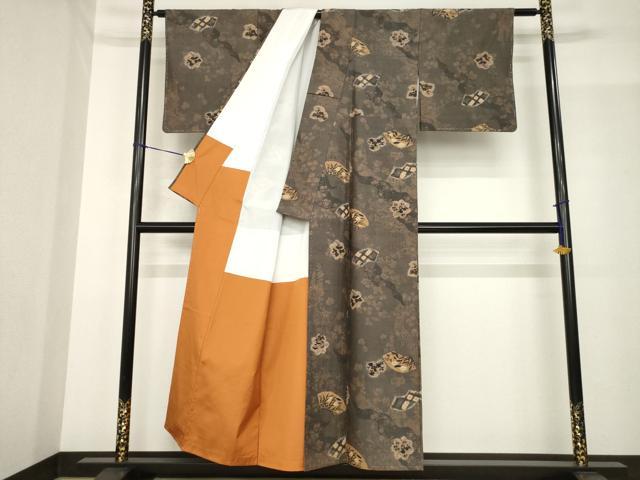 平和屋着物●伝統工芸士 七代目 吉澤与市 紬 絞り 流水扇面花文 正絹 逸品 未使用 AABG0817ck