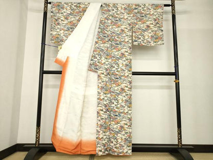 平和屋着物●上質な小紋　東京染　手ざし紅型　風景花文　正絹　逸品　AABG0825ck