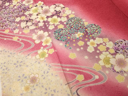 平和屋着物●豪華振袖 流水花文 暈し染め 金彩 金通し地 正絹 逸品 AABG0829ck