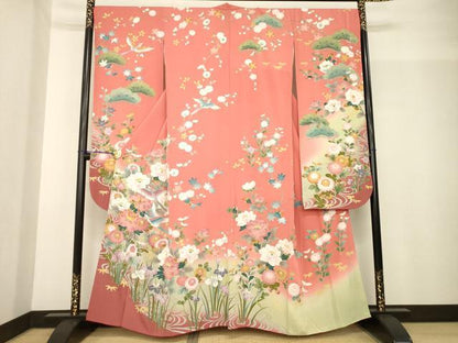 平和屋着物●豪華振袖 友禅 花鳥文 暈し染め 正絹 逸品 AABG0830ck