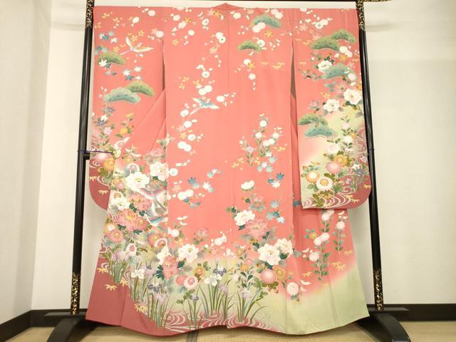 平和屋着物●豪華振袖 友禅 花鳥文 暈し染め 正絹 逸品 AABG0830ck