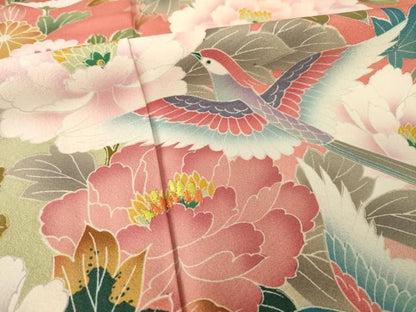 平和屋着物●豪華振袖 友禅 花鳥文 暈し染め 正絹 逸品 AABG0830ck