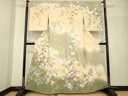 平和屋着物●十日町友禅作家 松雨 訪問着 枝花文 暈し染め 金銀彩 正絹 逸品 AABG0837ck