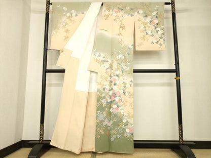 平和屋着物●十日町友禅作家 松雨 訪問着 枝花文 暈し染め 金銀彩 正絹 逸品 AABG0837ck