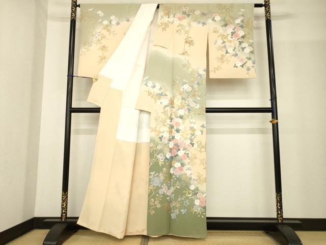 平和屋着物●十日町友禅作家 松雨 訪問着 枝花文 暈し染め 金銀彩 正絹 逸品 AABG0837ck