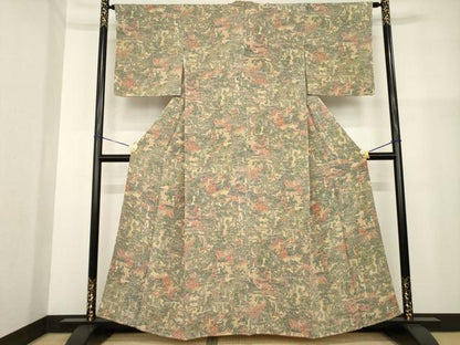 平和屋着物■上質な小紋 名所風景文 鬼しぼ縮緬 正絹 逸品 未使用 AABG0853ck