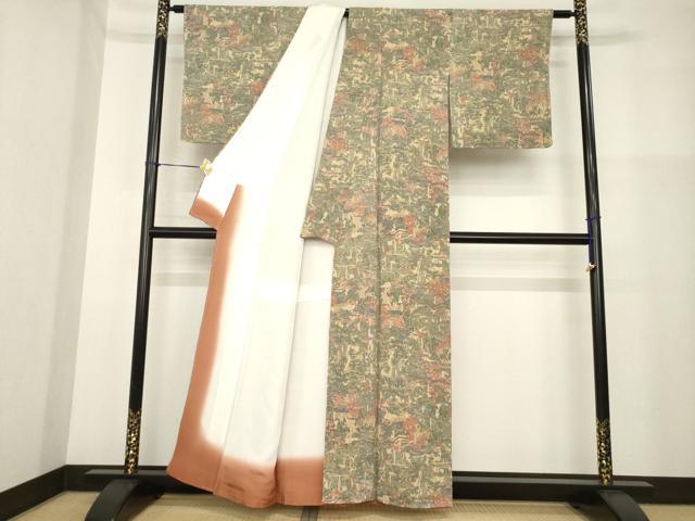 平和屋着物■上質な小紋 名所風景文 鬼しぼ縮緬 正絹 逸品 未使用 AABG0853ck