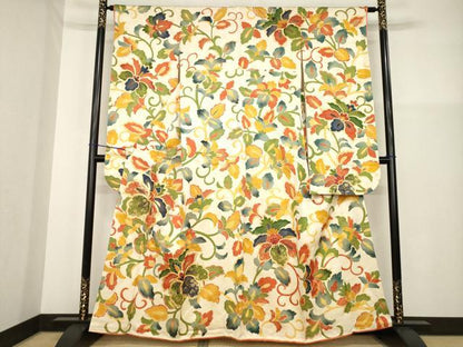 平和屋着物■豪華振袖　駒刺繍　花唐草文　金通し地　正絹　逸品　AABG0869ck