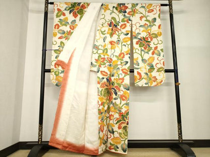平和屋着物■豪華振袖　駒刺繍　花唐草文　金通し地　正絹　逸品　AABG0869ck