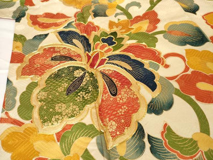 平和屋着物■豪華振袖　駒刺繍　花唐草文　金通し地　正絹　逸品　AABG0869ck