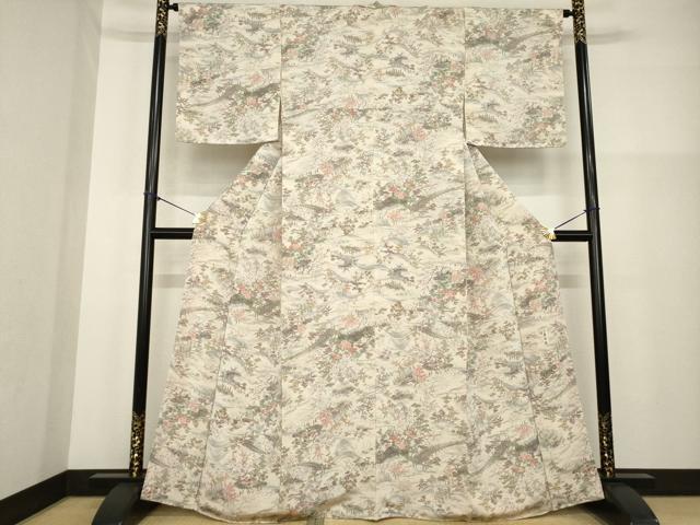 平和屋着物■上質な小紋 人物風景花文 本草木染 鬼しぼ縮緬 正絹 逸品 AABG0874ck